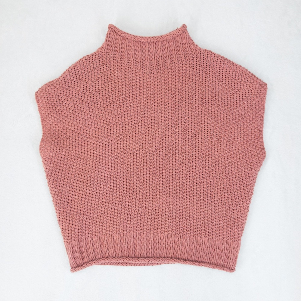 She + Sky Sweater Vest Womens‎ Small Pink Mock Neck Chunky 100% Cotton Knit